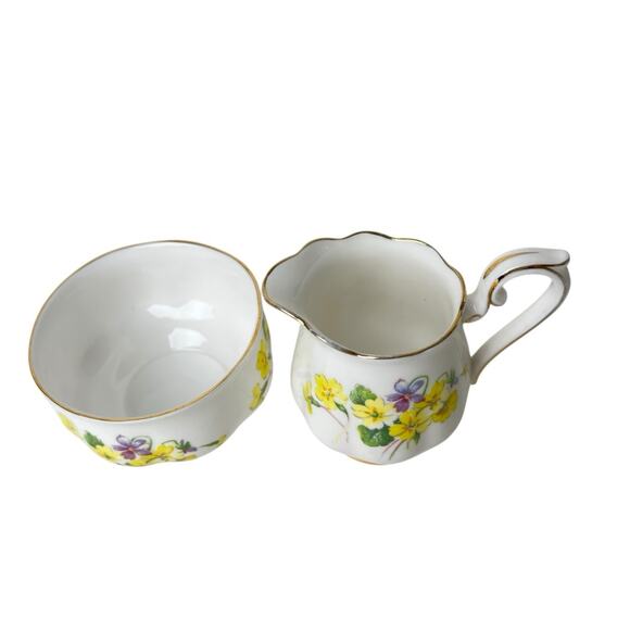 Royal Albert Creamer Sugar Set Bone China England Open Yellow Purple Flowers Vtg - Picture 2 of 12